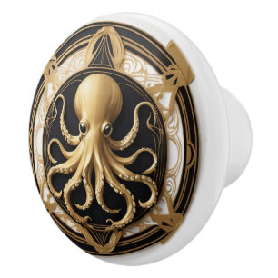 Art Deco Octopus Black White Gold Nautical Ceramic Knob