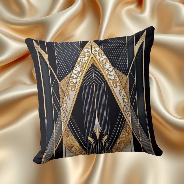 Art Deco Old Gold Black Geometric lace Design Cushion (Creator Uploaded)
