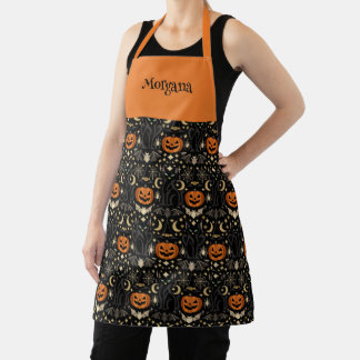 Art Deco Orange Carved Pumpkins Name Apron