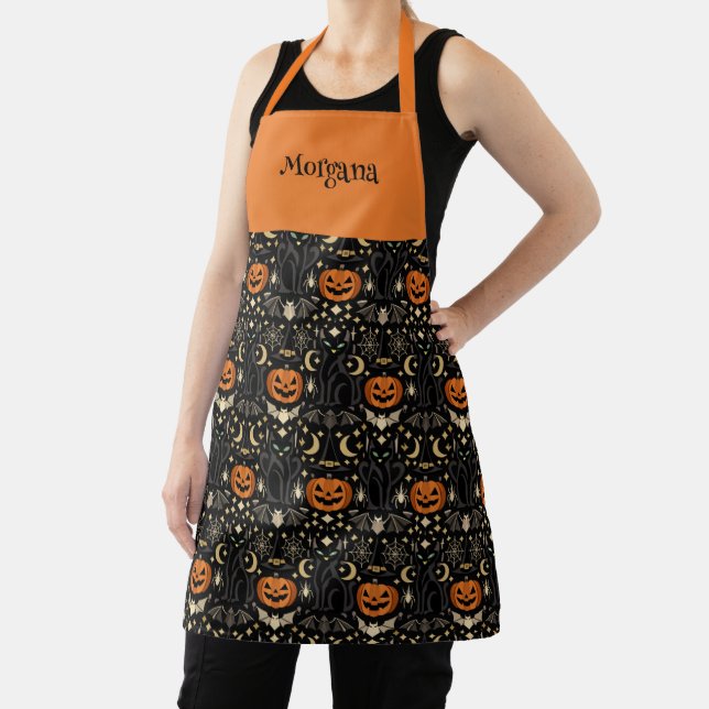 Art Deco Orange Carved Pumpkins Name Apron (Insitu)