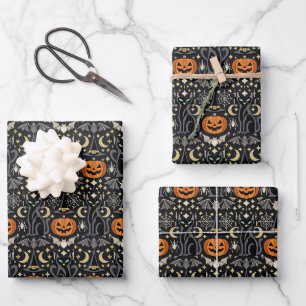 Art Deco Orange Carved Pumpkins Wrapping Paper Sheet