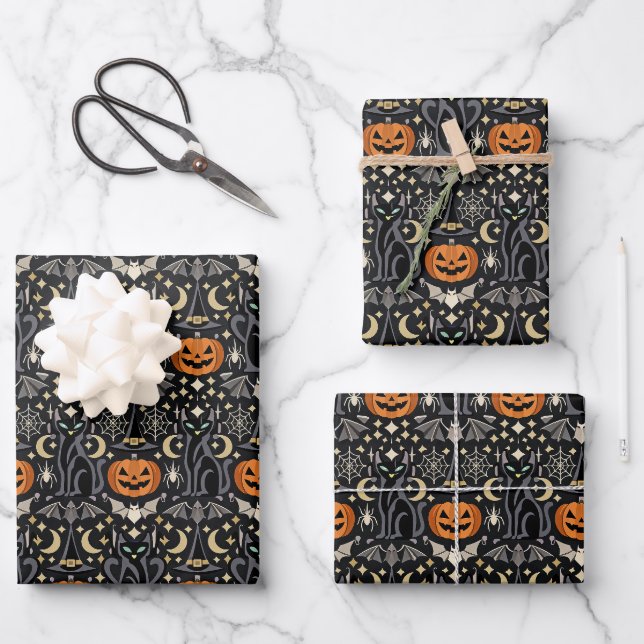Art Deco Orange Carved Pumpkins Wrapping Paper Sheet (Front)