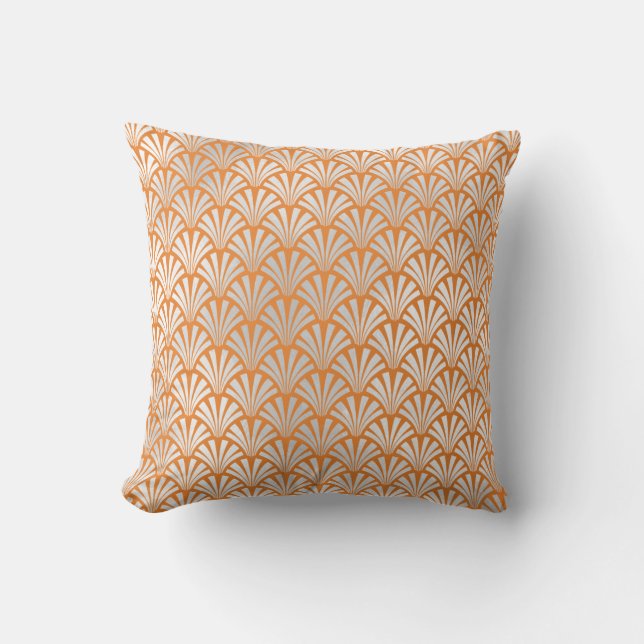 Art Deco Orange Peach Silver Grey Scales Seashells Cushion (Front)