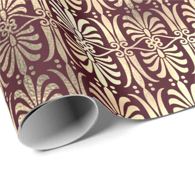 Art Deco Ornament Black Gold Sepia Burgundy Red Wrapping Paper (Roll Corner)