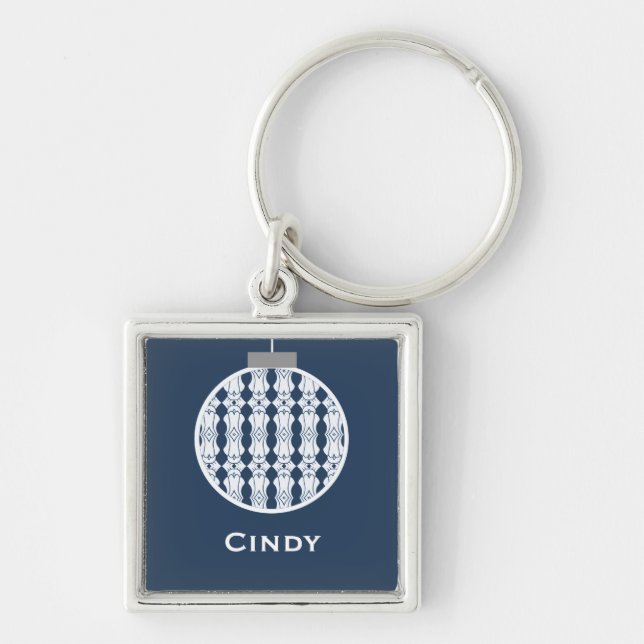 Art Deco Ornament Holiday Keychain, Dark Blue Key Ring (Front)