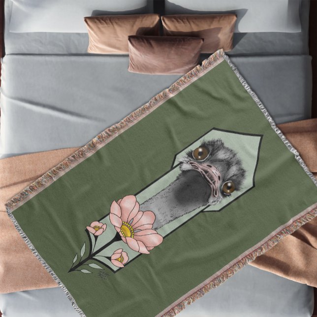 Art Deco Ostrich Flowers Green Throw Blanket (Creator Uploaded)