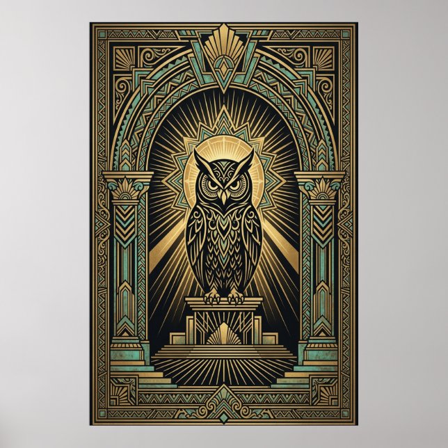 Art Deco Owl Wisdom Poster | Gold & Teal Geometric (Front)