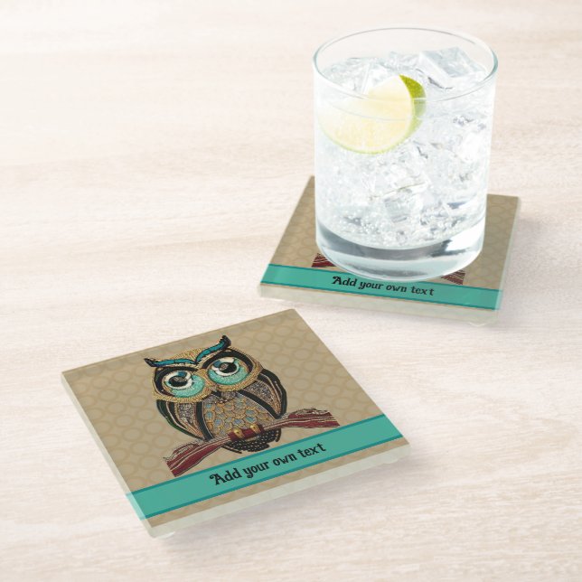 Art Deco Owl with Gold / Turquoise beads, own text Glass Coaster (Angled)