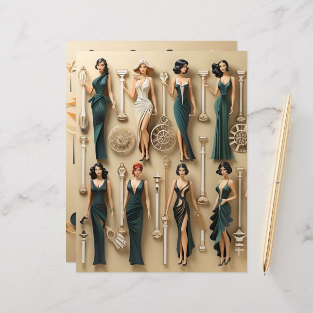 Art Deco Paper Dolls Scrapbook Paper (Front/Back In Situ)