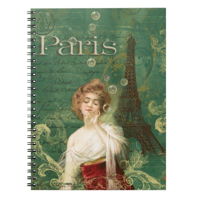Art Deco Paris Woman with Bubbles Eiffel tower Notebook (Front)