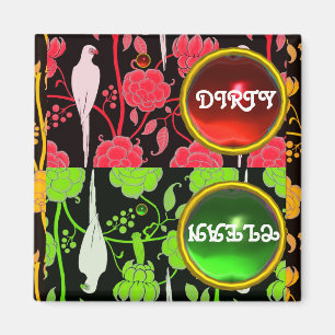 ART DECO PARROTS, RED GREEN FLOWERS DIRTY CLEAN MAGNET