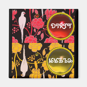 ART DECO PARROTS, RED YELLOW FLOWERS DIRTY CLEAN MAGNET