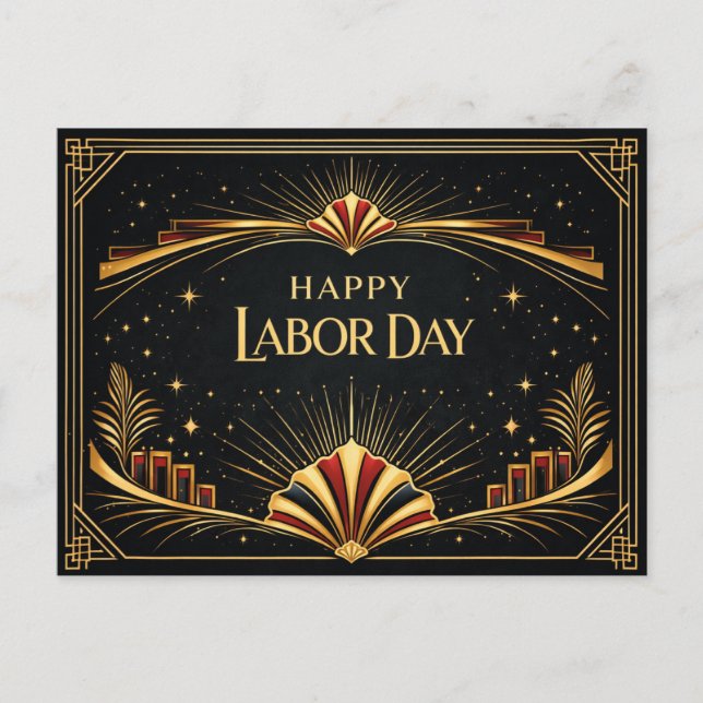 Art Deco Patriotic Gold Tribute Happy Labor Day Holiday Postcard (Front)