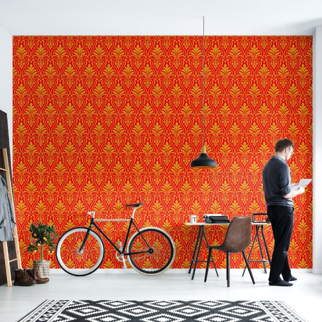 Art Deco Pattern 01 - Deco Gold 2 on Carmine Red Wallpaper (Living Room)
