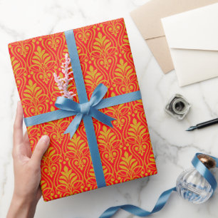 Art Deco Pattern 01 - Deco Gold 2 on Carmine Red Wrapping Paper