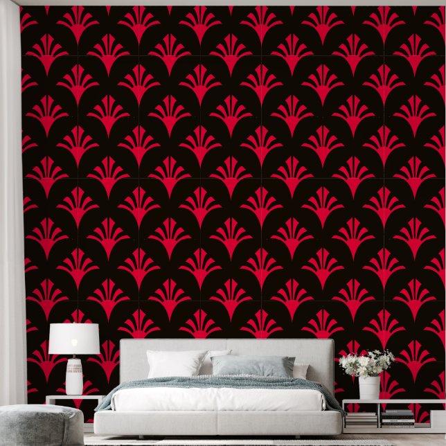 Art Deco Pattern 02 - Carmine Red on Black Wallpaper (Bedroom)