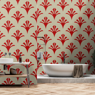 Art Deco Pattern 02 - Escher Red on Off-White Wallpaper