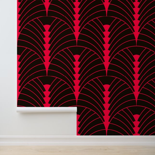 Art Deco Pattern 03 - Carmine Red on Black Wallpaper (Application)