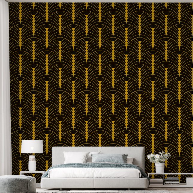 Art Deco Pattern 03 - Deco Gold 2 on Black Wallpaper (Bedroom)