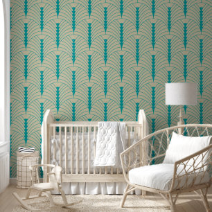 Art Deco Pattern 03 - Teal on Off-White Wallpaper