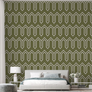 Art Deco Pattern 05 - White on Camouflage Green Wallpaper