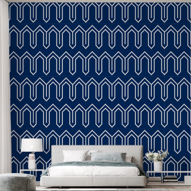 Art Deco Pattern 05 - White on Dark Azure Wallpaper (Bedroom)