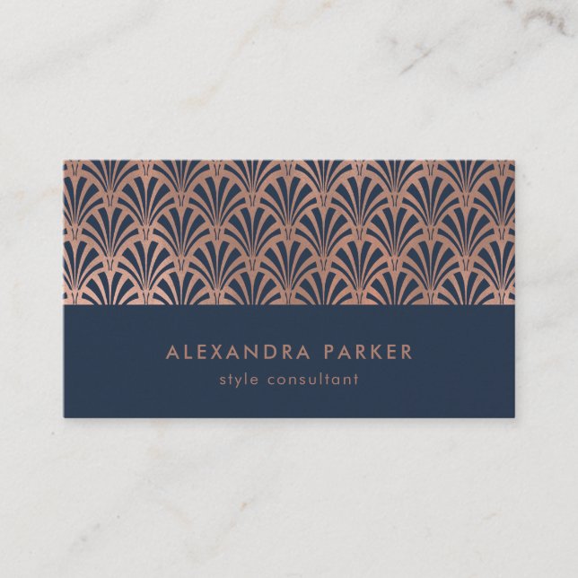 Art Deco Pattern | Faux Rose Gold on Midnight Blue Business Card (Front)