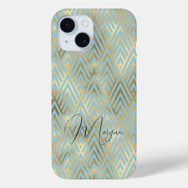 Art Deco Pattern, Gold & Light Blue, Script Name Case-Mate iPhone Case (Back)