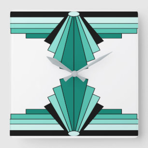 Art Deco Pattern in Greens and Black Square Wall Clock