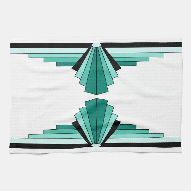 Art Deco Pattern in Greens Tea Towel (Horizontal)