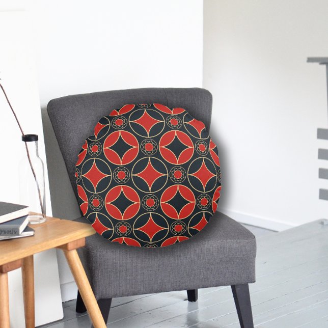 art deco pattern in red and black round cushion (Creator Uploaded)