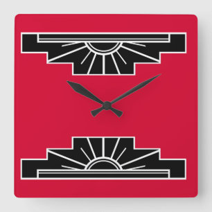Art Deco Pattern in Red, Black and White Square Wa Wall Clock