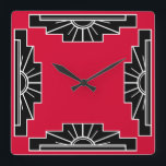 Art Deco Pattern in Red Square Wall Clock<br><div class="desc">Based on classic art deco shapes of a sunburst,  recreated in red and black</div>