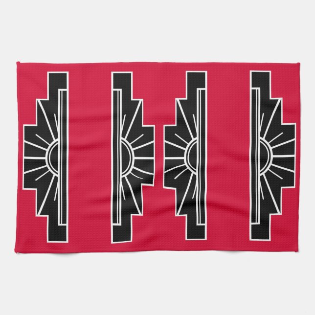 Art Deco Pattern in Red Tea Towel (Horizontal)