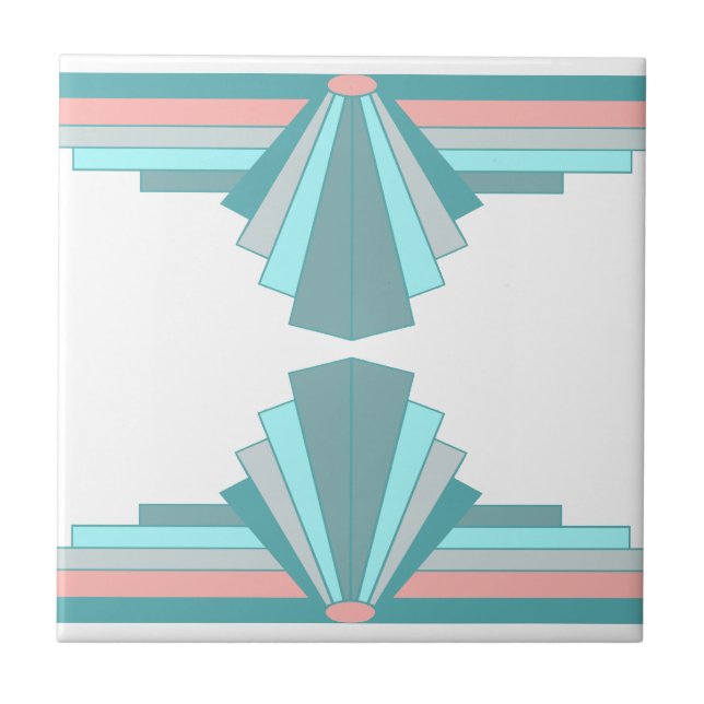 Art Deco Pattern in Teal & Peach Ceramic Tile (Front)
