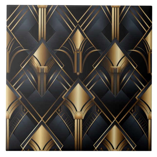 Art Deco Pattern, Metallic effect, black and gold Ceramic Tile (The complete printed Art Deco tile design. Tiles sold individually.)