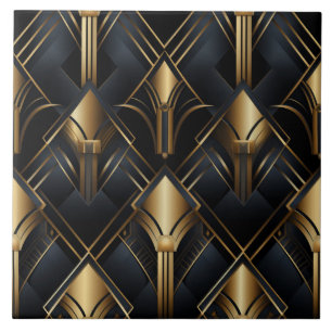 Art Deco Pattern, Metallic effect, black and gold Ceramic Tile