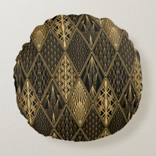 Art Deco Pattern. Seamless black and gold backgrou Round Cushion