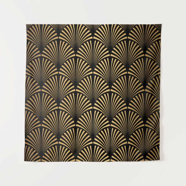 Art Deco Pattern. Seamless black and gold backgrou Tapestry (Front)