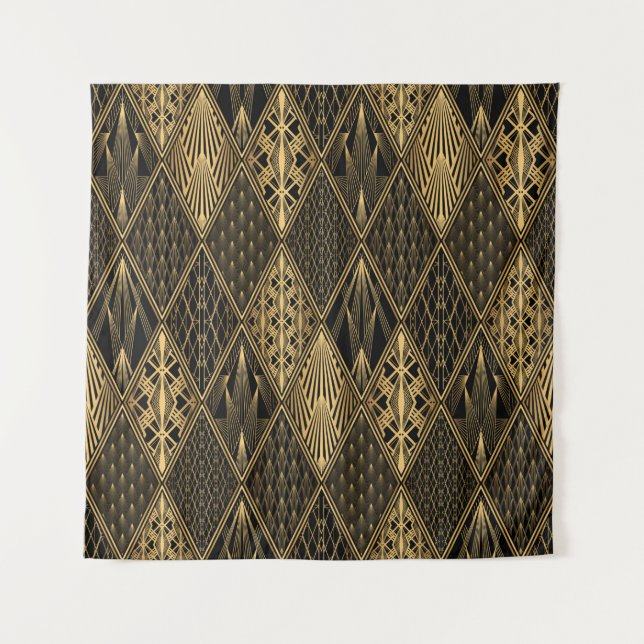Art Deco Pattern. Seamless black and gold backgrou Tapestry (Front)