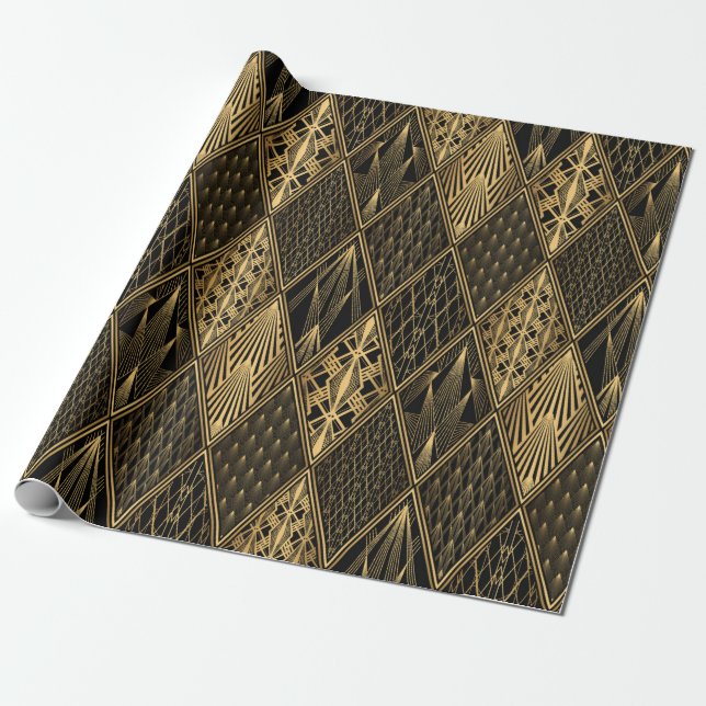 Art Deco Pattern. Seamless black and gold backgrou Wrapping Paper (Unrolled)