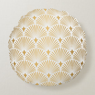 Art Deco Pattern. Seamless white and gold backgrou Round Cushion