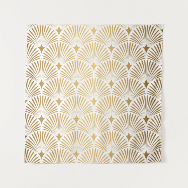 Art Deco Pattern. Seamless white and gold backgrou Tapestry (Front)