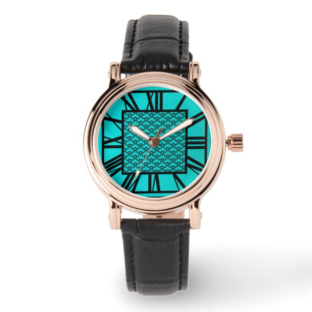 Art Deco Pattern, turquoise / peacock Watch (Front)