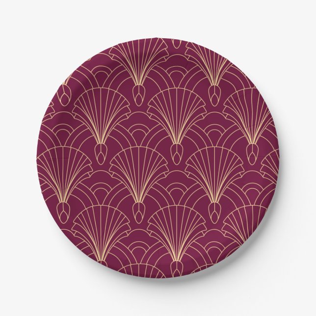 Art Deco pattern with gold geometric fan motifs  Paper Plate (Front)