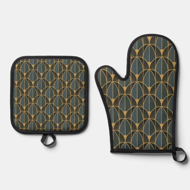 Art Deco pattern with gold geometric shapes Oven M Mitt & Pot Holder Set (Front)