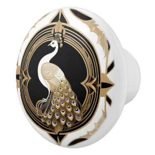 Art Deco Peacock Bird Black White Gold Ceramic Knob