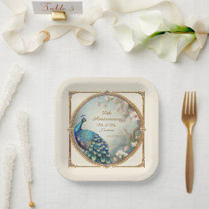 Art Deco Peacock Elegant Flower 50th Anniversary Paper Plate