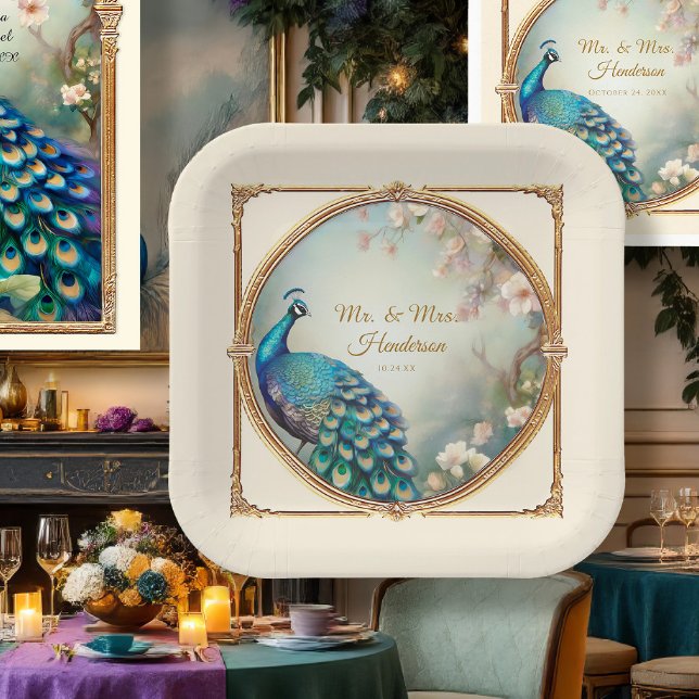 Art Deco Peacock Elegant Flower Tree Wedding Paper Plate (Creator Uploaded)