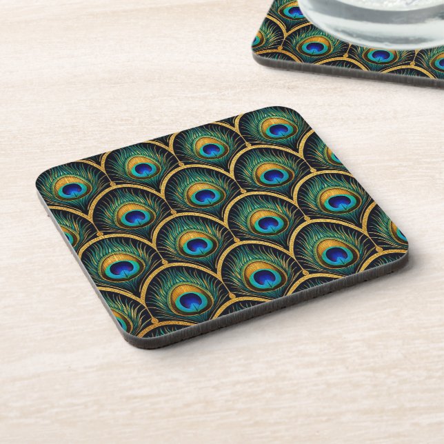Art Deco Peacock Feather Geometric Artwork Coaster (Left Side)